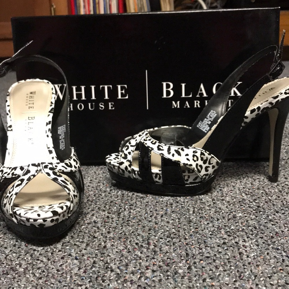 WHBM Leopard Print Black High Heel Sandal 6.5M EUC